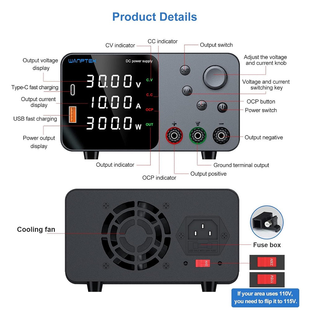 Alimentatore da banco 30V 10A 300W con regolatore di tensione CC USB/TYPE-C 18W TPS3010 A1400