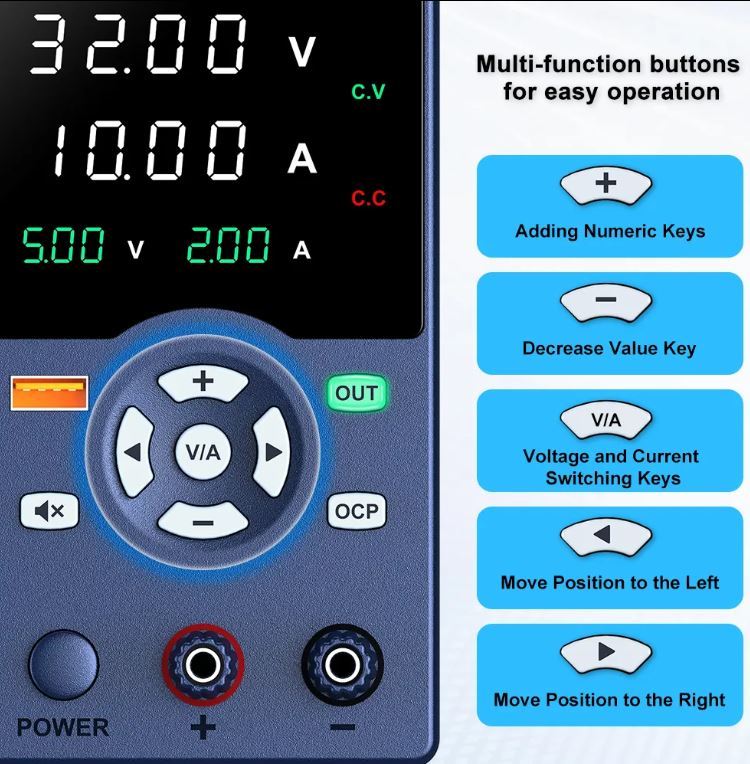 Alimentatore da banco 32V 5A 160W con regolatore di tensione CC USB 18W GC305H A2300