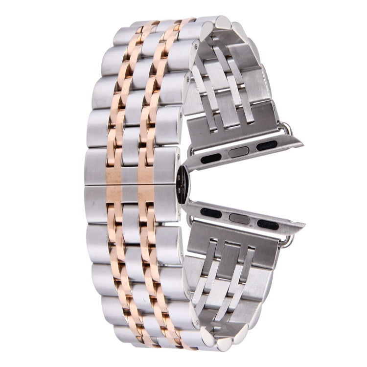 Cinturino per orologio da donna in acciaio inossidabile con fibbia a farfalla nascosta da 20 mm, 7 perline, per Apple Watch 38 mm (argento oro), 20mm Women