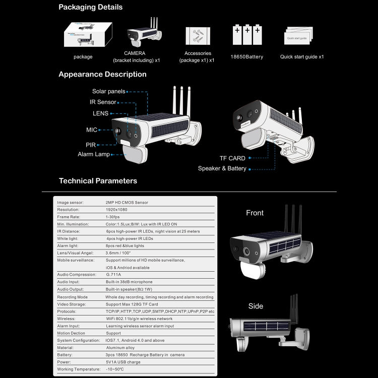 T8 1080P Full HD Batteria solare Telecamera di rete con allarme sonoro e luce a bassissima potenza, supporto rilevamento movimento, visione notturna, audio bidirezionale, scheda TF, T8