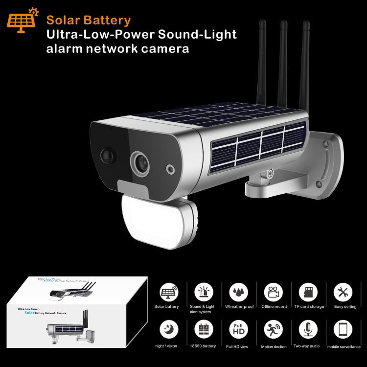 T8 1080P Full HD Batteria solare Telecamera di rete con allarme sonoro e luce a bassissima potenza, supporto rilevamento movimento, visione notturna, audio bidirezionale, scheda TF, T8