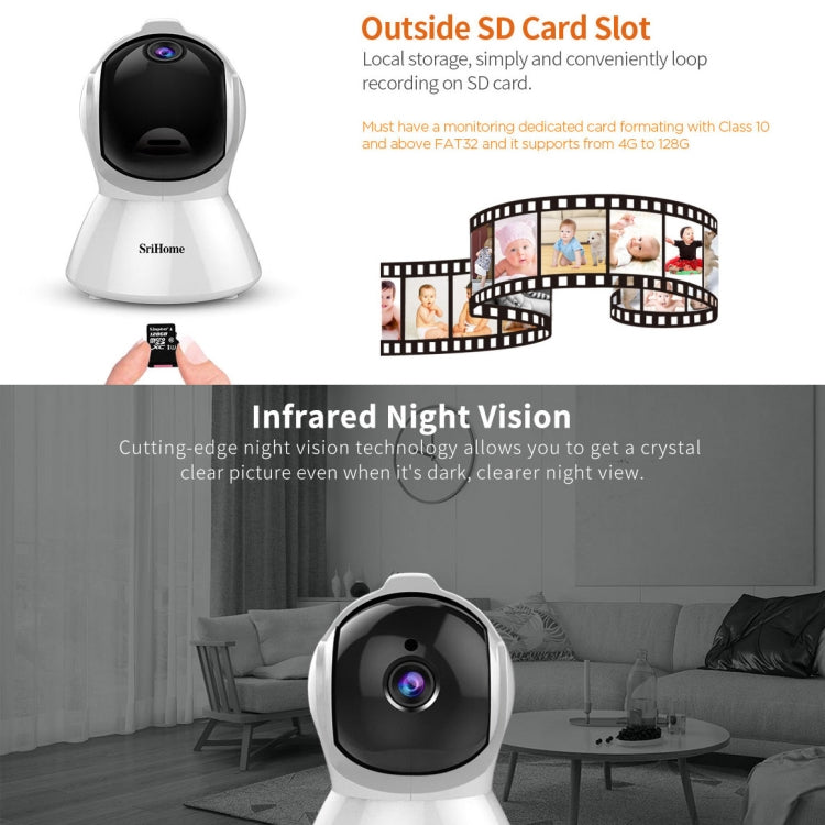 SriHome SH025 Telecamera IP con tracciamento automatico 1080P HD AI da 2,0 milioni di pixel, supporto audio bidirezionale / tracciamento del movimento / rilevamento umanoide / visione notturna / scheda TF, presa AU, SH025