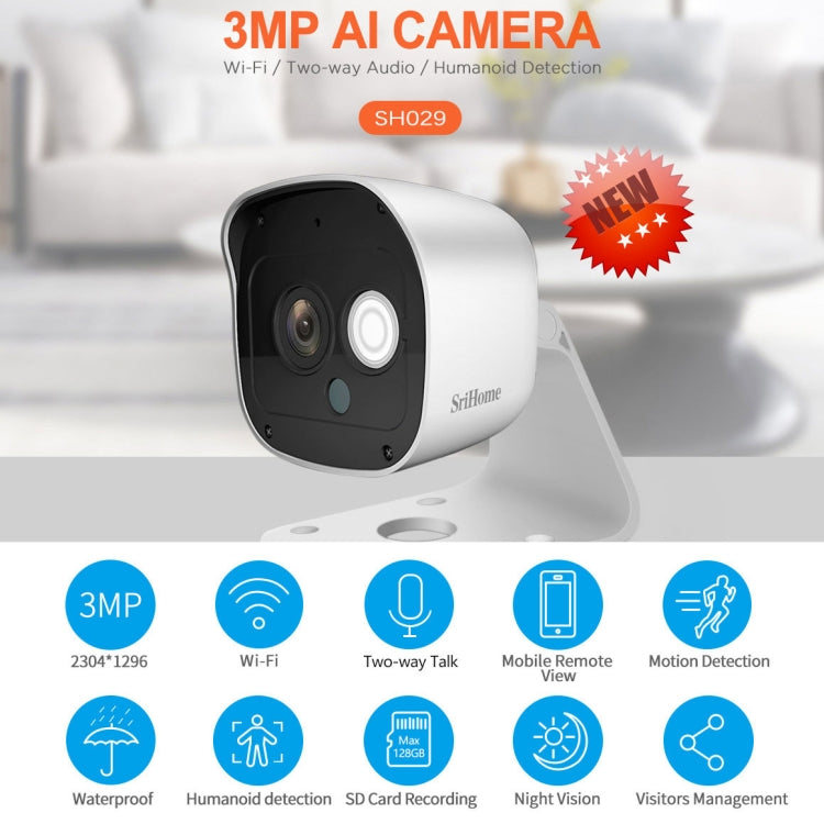 SriHome SH029 Telecamera AI HD da 3,0 milioni di pixel 1296P, supporta conversazione bidirezionale/rilevamento movimento/rilevamento umanoidi/visione notturna/scheda TF, presa AU, SH029