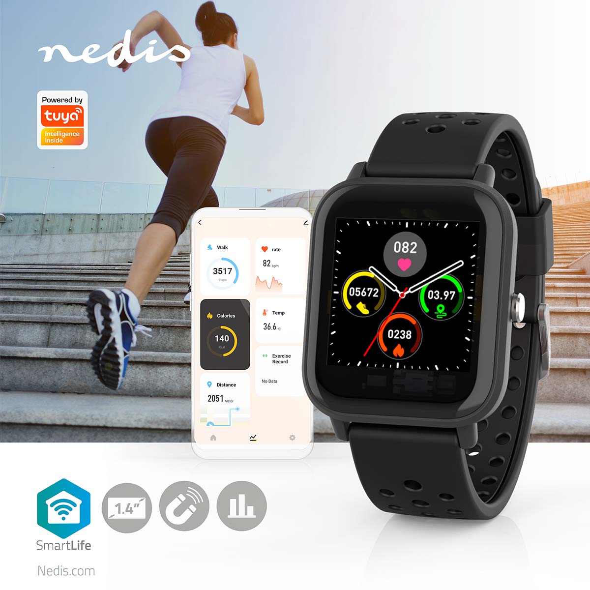 SmartWatch con schermo LCD da 1.4" visualizzazione notifiche e rilevamento frequenza cardiaca IP68 5412810335916 BTSW002BK ND9536