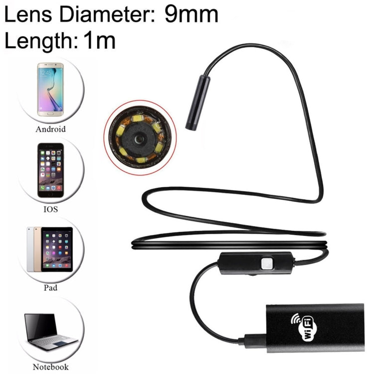 1.0MP HD Camera 30m Wireless Distance Metal WiFi Box IPX67 Waterproof Endoscope Snake Pipe Inspection Camera with 6 LED for Android and iOS, Length: 1m, Lens Diameter: 9mm, Length: 1m