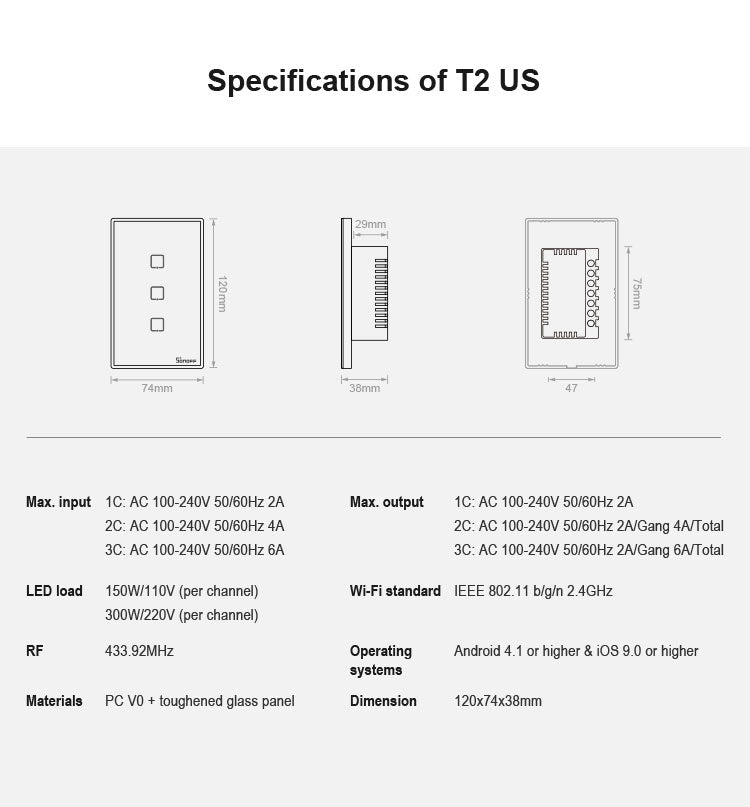 Sonoff T2 Touch Interruttore da parete con pannello in vetro temperato da 120 mm Interruttore tattile leggero per casa intelligente, compatibile con Alexa e Google Home, CA 100 V-240 V, spina americana, 120mm/ 2 US Plug