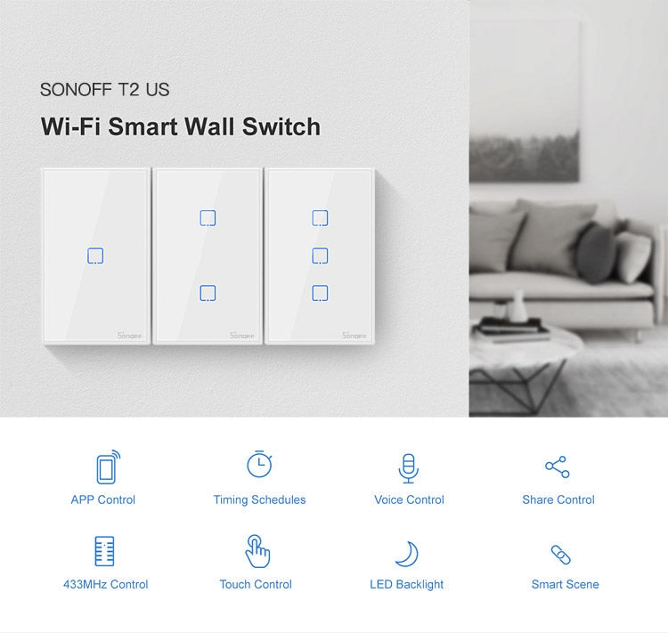 Sonoff T2 Touch Wall Switch with 120mm Tempered Glass Panel Lightweight Smart Home Touch Switch Compatible with Alexa and Google Home AC 100V-240V US Plug 120mm/ 2 US Plug