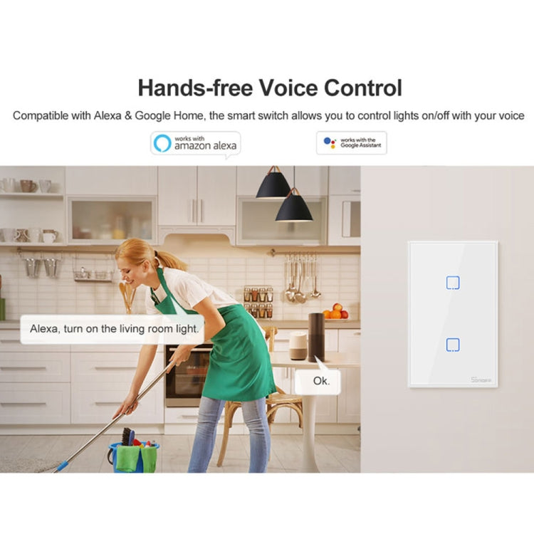 Sonoff T2 Touch Interruttore da parete con pannello in vetro temperato da 120 mm Interruttore tattile leggero per casa intelligente, compatibile con Alexa e Google Home, CA 100 V-240 V, spina americana, 120mm/ 2 US Plug