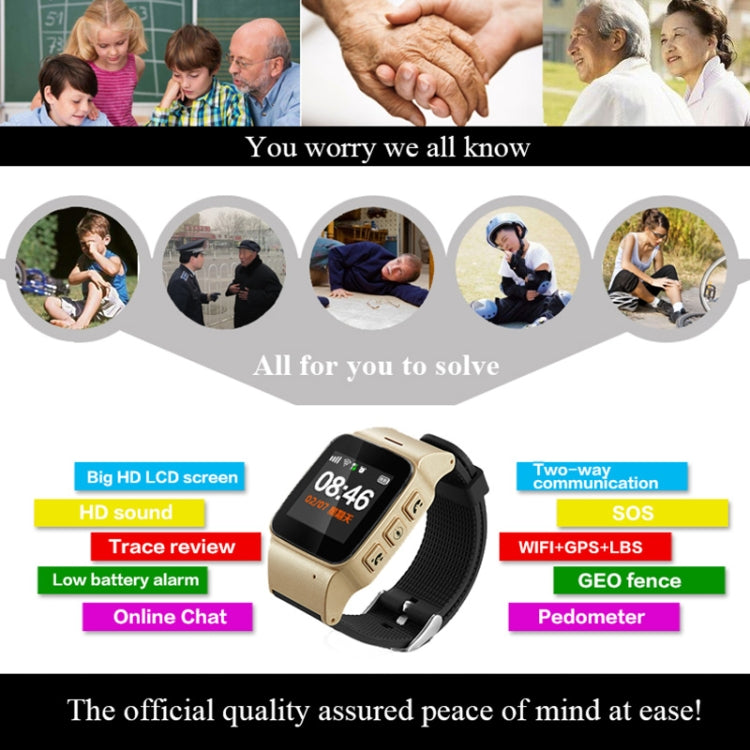 D99+ Smartwatch GPS con schermo LCD HD da 1,22 pollici per anziani Impermeabile, Supporto GPS + LBS + Posizionamento WiFi / Composizione bidirezionale / Monitoraggio vocale / Pronto soccorso con un tasto / Allarme polso staccato / Recinzione di sicurez...
