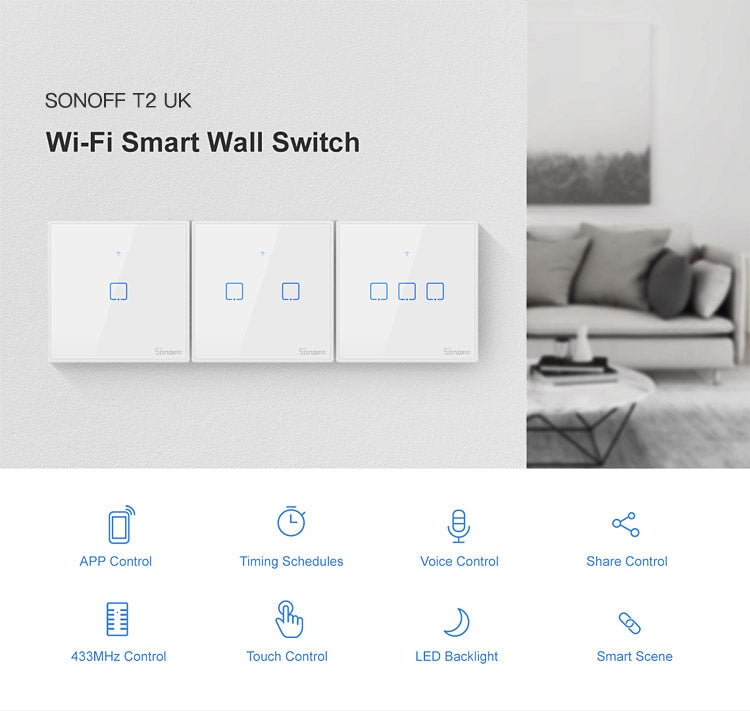 Sonoff T2 Touch Wall Switch with 86mm Tempered Glass Panel Smart Home Touch Switch Compatible with Alexa and Google Home AC 100V-240V UK Plug 86mm/ 1 UK Plug