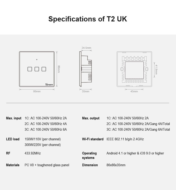 Sonoff T2 Touch Interruttore da parete con pannello in vetro temperato da 86 mm Interruttore tattile per casa intelligente, compatibile con Alexa e Google Home, CA 100 V-240 V, presa UK, 86mm/ 1 UK Plug