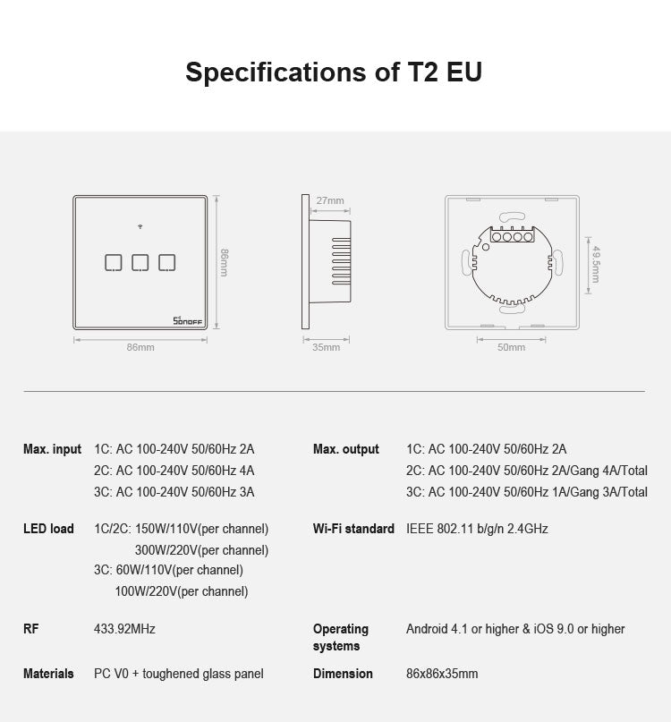 Sonoff T2 Touch Interruttore da parete con pannello in vetro temperato da 86 mm Interruttore tattile leggero per casa intelligente, compatibile con Alexa e Google Home, CA 100 V-240 V, spina UE, 86mm/ 1 EUPlug