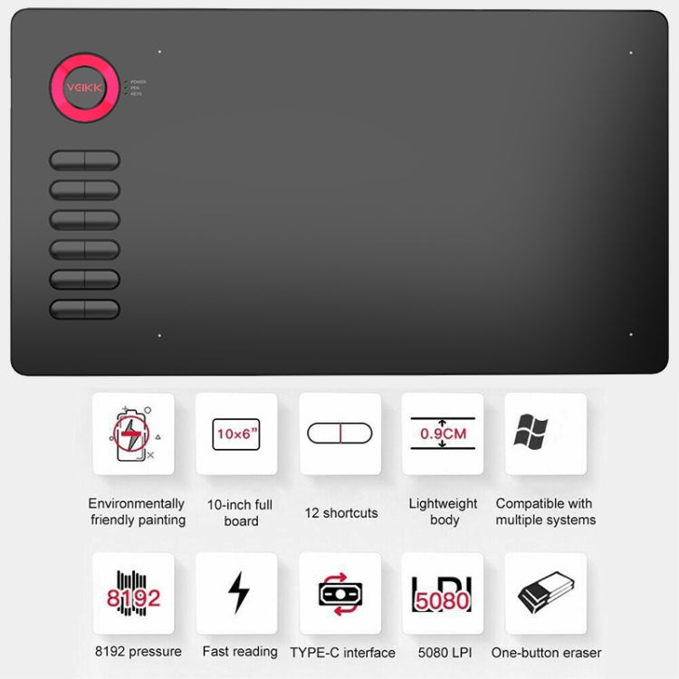 VEIKK A15 10x6 inch 5080 LPI Smart Touch Electronic Graphics Tablet with Type-C Interface, A15 Gold, A15 Blue, A15 Beige, A15 Red
