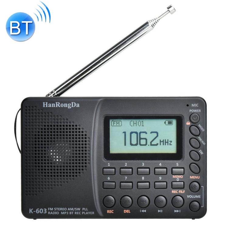 K-603 Portable FM/AM/SW Full Band Stereo Radio, Support BT and TF Card