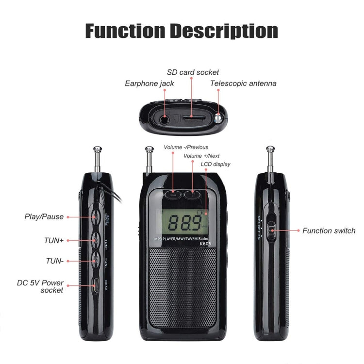 K-605 Radio stereo portatile FM / AM / SW a banda intera, supporto scheda TF