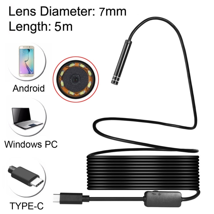 AN97 USB-C/Type-C Endoscope Waterproof IP67 Pipe Inspection Camera with 8 LEDs and USB Adapter, Length: 5m, Lens Diameter: 7mm, Length: 5m