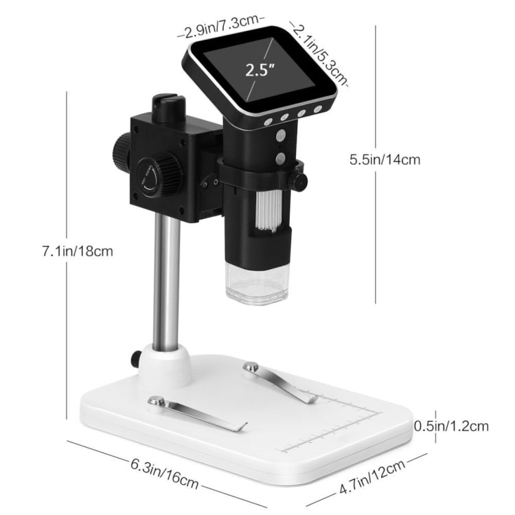 Microscopio digitale USB con sensore di immagine 500X e sensore di immagine con schermo da 2,5 pollici e 8 LED e supporto professionale, supporto scheda TF, DMS-015M 500X