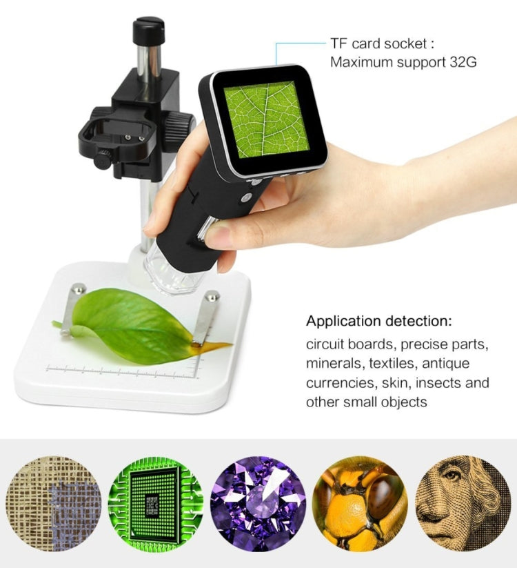 USB Digital Microscope with 500X Image Sensor and 2.5 Inch Screen 8 LED Image Sensor and Professional Stand, Support TF Card, DMS-015M 500X