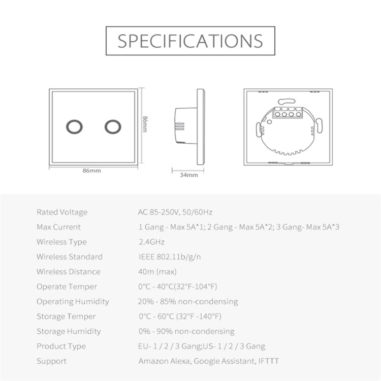 NEO NAS-SC02W EU 2Gang Wireless WiFi Smart Light Control Switch, 2 Gang