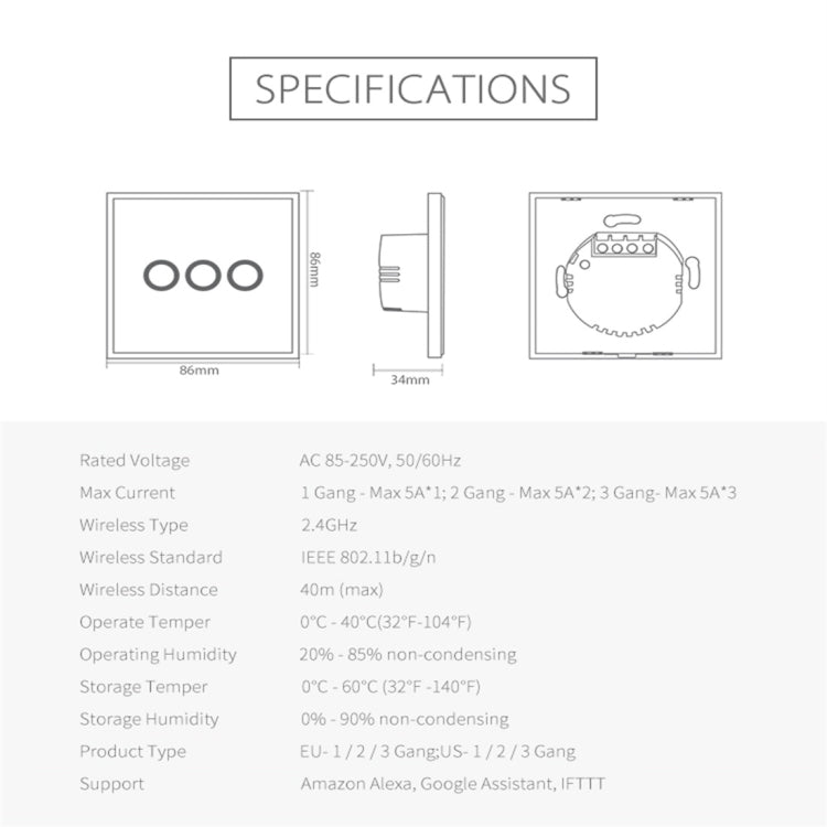 Interruttore luce smart WiFi 3 gang UE 5A touch