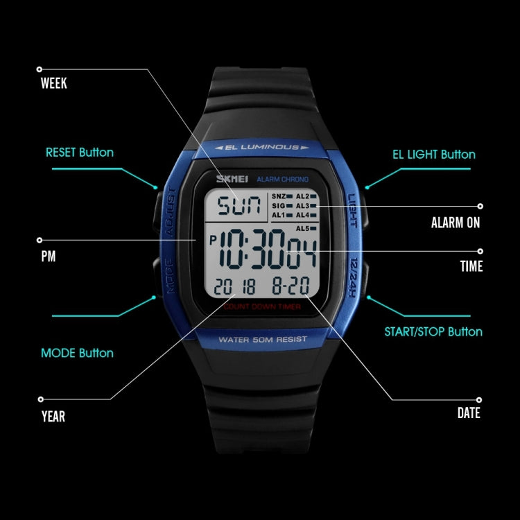 SKMEI 1278 Orologio digitale impermeabile da esterno alla moda da 50 m Orologio da polso sportivo per studenti Supporto 5 sveglie di gruppo