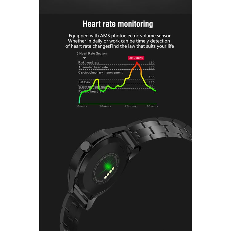 Smart Watch N6 Schermo TFT da 1,3 pollici MTK2502C Bluetooth4.0, cinturino in acciaio inossidabile, supporto cardiofrequenzimetro e contapassi, monitor del sonno e promemoria sedentario, Stainless Steel Watch Strap/Black                                ...
