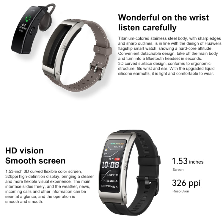 Braccialetto intelligente originale Huawei TalkBand B7, schermo da 1,53 pollici, supporto chiamata Bluetooth / frequenza cardiaca / ossigeno nel sangue / monitoraggio del sonno