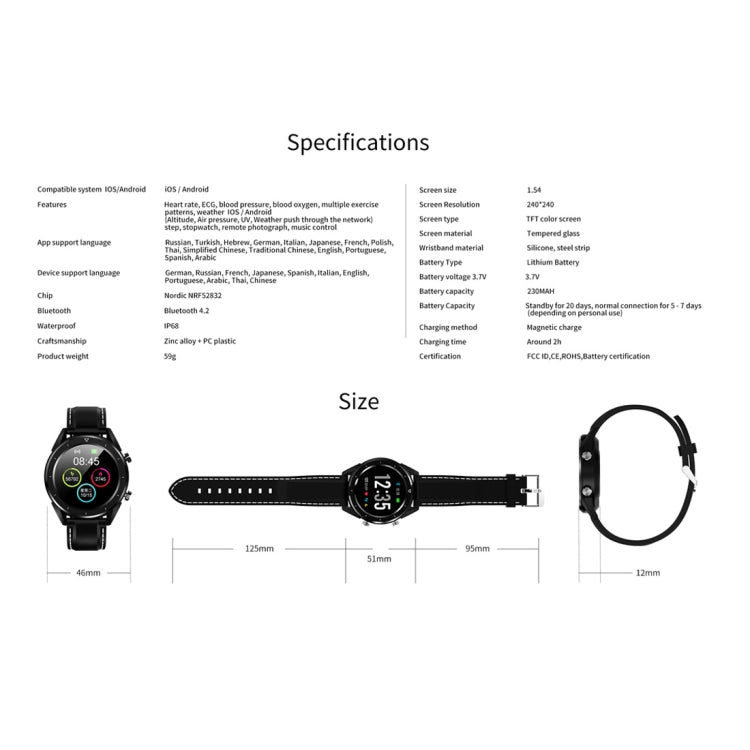 Smartwatch con cinturino in silicone impermeabile IP68 DT28 da 1,54 pollici Bluetooth 4.2, supporto promemoria chiamate in arrivo / monitoraggio della pressione arteriosa / pagamento dell'orologio