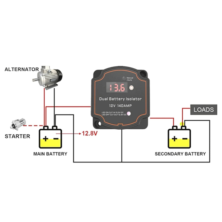 IP68 12V 140A Car Yacht RV Smart Dual Battery Isolation Controller VSR Display digitale Voltmetro, with Digital Display Voltmeter