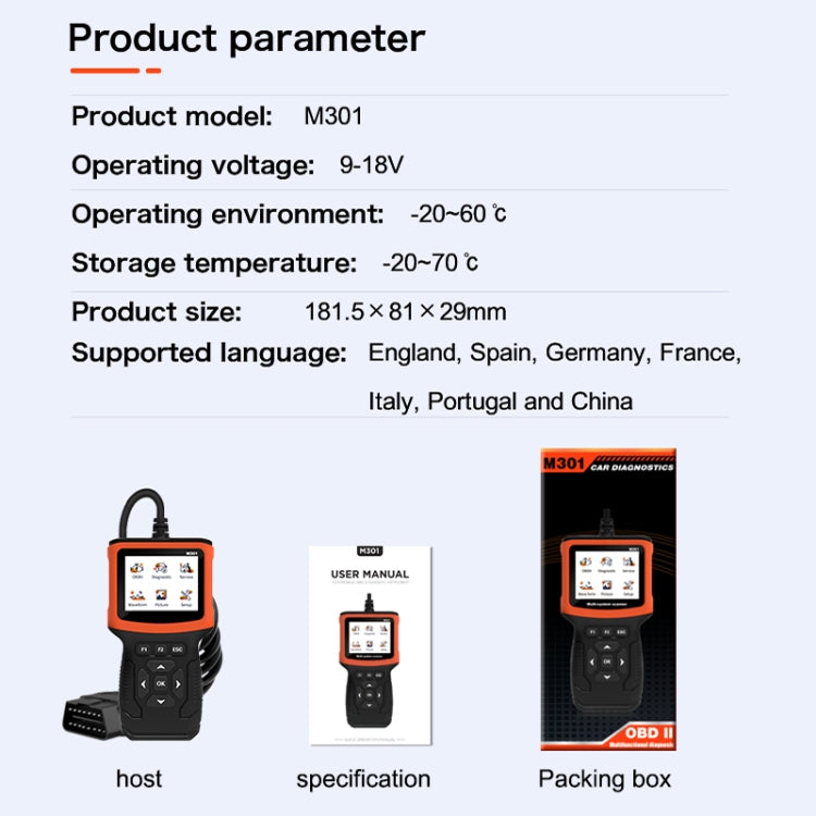 M301 9-18V OBD2 Lettore di codici per auto Scanner Rilevatore di guasti