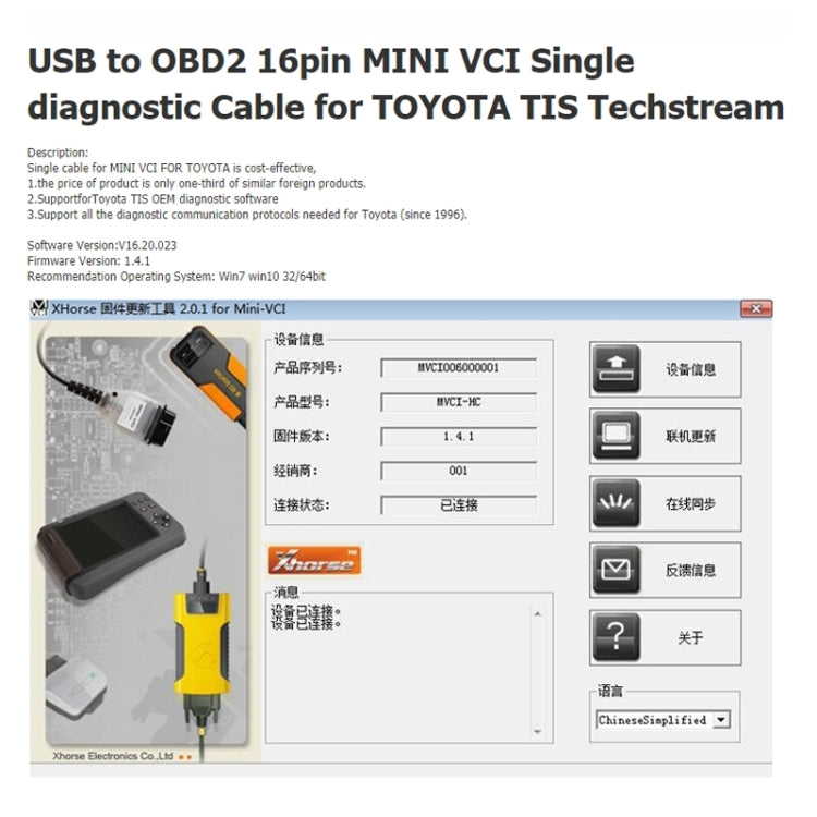 Cavo diagnostico singolo USB-OBD2 a 16 pin MINI VCI FT232RL per Toyota TIS Techstream, FT232RL