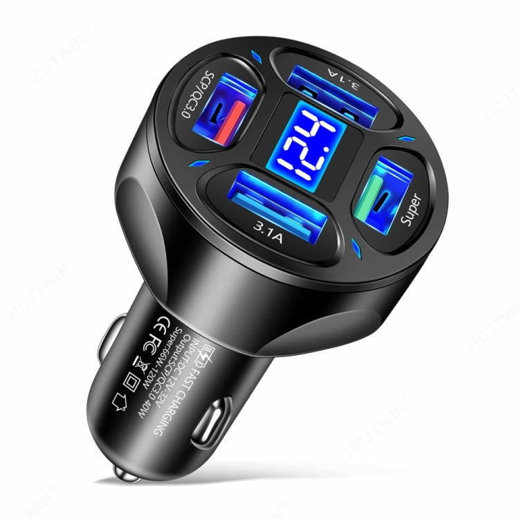 Caricabatteria da auto a ricarica rapida con display digitale 4 in 1 da 66 W con voltmetro, 66W