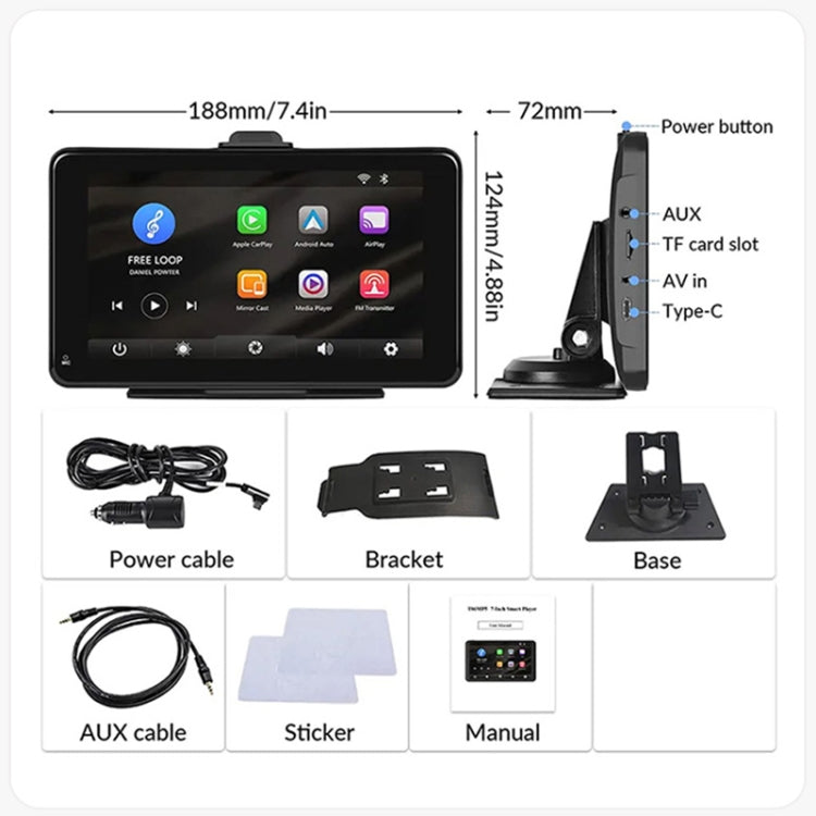 P703S Registratore di guida intelligente per navigatore per auto Wireless CarPlay da 7 pollici, 703S