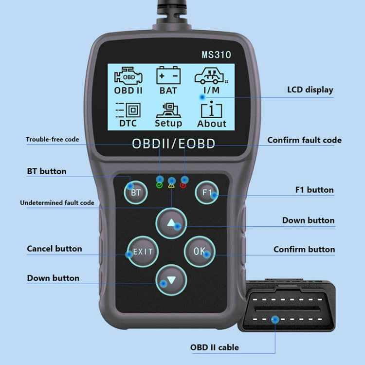MS310 Schermo LCD Tester batteria per auto Rilevatore guasti ODB2, ODB2 Fault Detector