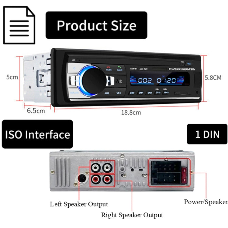 JSD-520 Autoradio Lettore MP3 Audio Supporto Bluetooth Chiamate Vivavoce / FM / USB / SD, Versione Spina UE, JSD-520, EU Plug Version