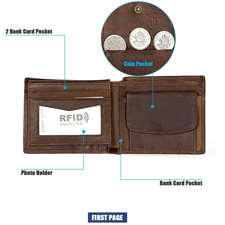 8020 Pochette portafoglio da uomo antimagnetico in pelle con texture Crazy Horse retrò orizzontale, con scomparti per carte, 8020 Black, 8020 Coffee, 8020 Yellowish-brown
