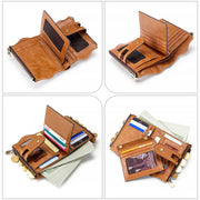 LT3539 Pochette portafoglio da uomo in pelle di vacchetta con cerniera e fibbia antimagnetica RFID, con scomparti per carte e tracolla, LT3539 Shoulder Strap Black, LT3539 Shoulder Strap Blue, LT3539 Strap Red, LT3539 Yellowish-brown