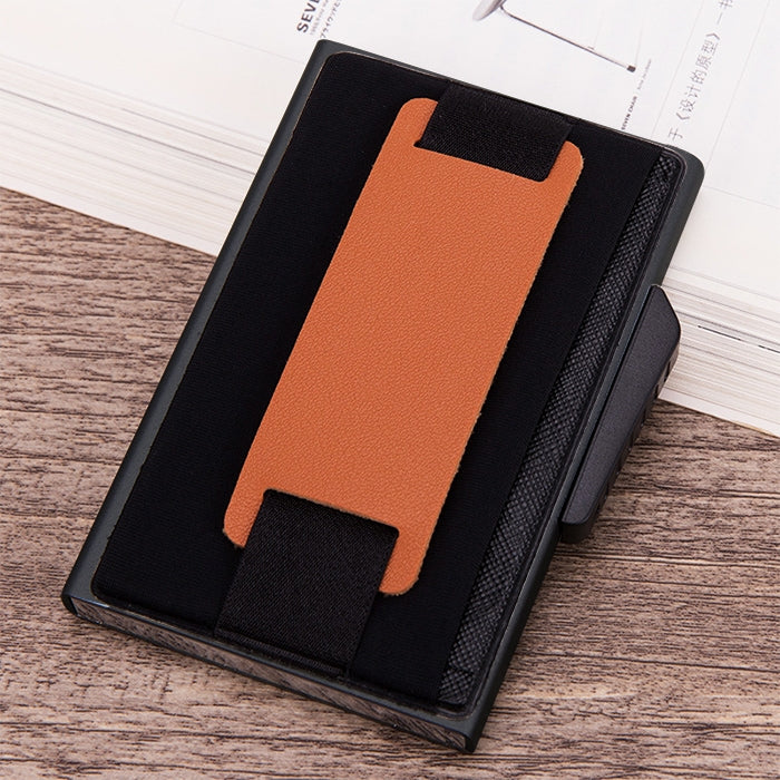 X-32C Tipo di carta pop-up automatica Anti-magnetico RFID Antifurto Uomo Lega di alluminio B Quadrante con pulsante Borsa elastica Portafoglio con cinturino in pelle PU, X-32C B Dial Button Black, X-32C B Dial Button Grey, X-32C B Dial Button Gold     ...