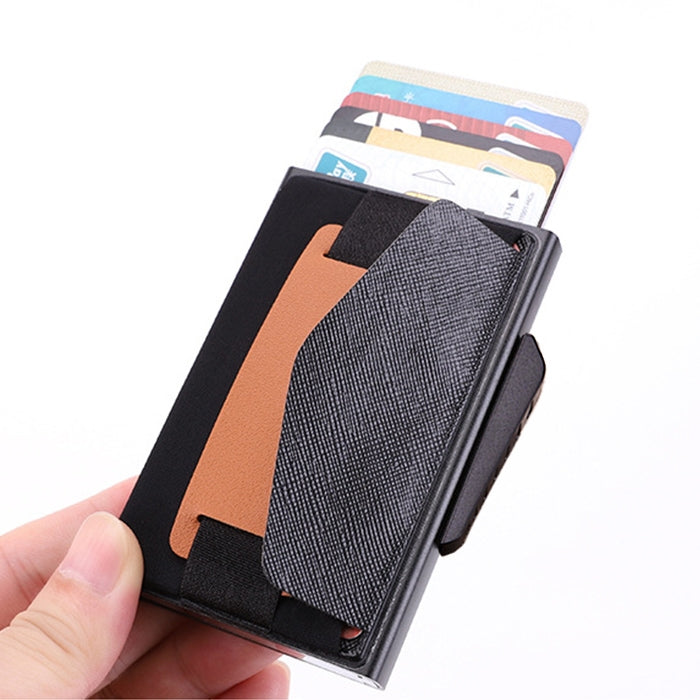 X-32C Tipo di carta pop-up automatica Anti-magnetico RFID Antifurto Uomo Lega di alluminio B Quadrante con pulsante Borsa elastica Portafoglio con cinturino in pelle PU, X-32C B Dial Button Black, X-32C B Dial Button Grey, X-32C B Dial Button Gold     ...