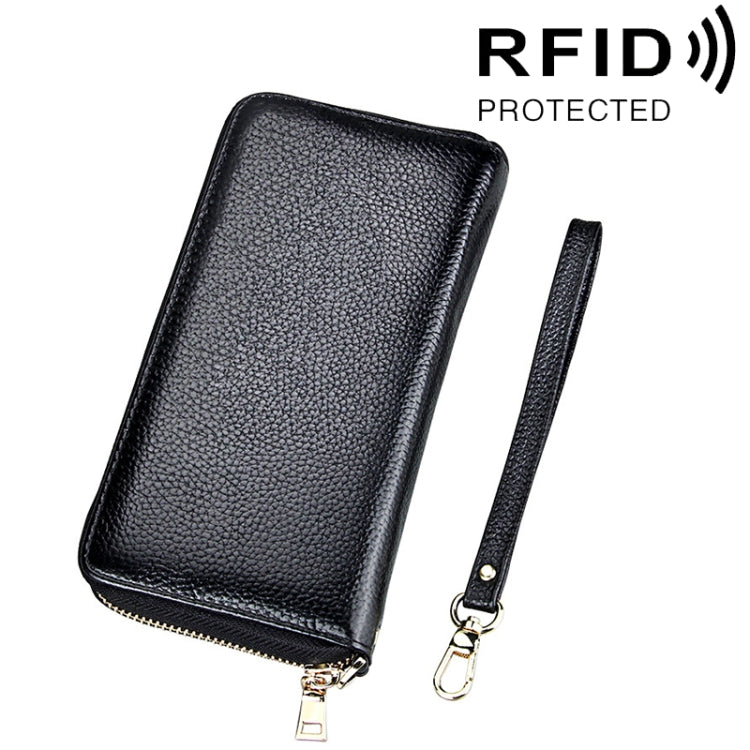 Porta carte di credito stile lungo con cerniera in vera pelle di vacchetta con texture litchi Porta carte di credito con blocco RFID Custodia protettiva con cinturino da polso per donna, Dimensioni: 20 * 10,5 * 3 cm
