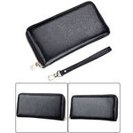 Porta carte di credito stile lungo con cerniera in vera pelle di vacchetta con texture litchi Porta carte di credito con blocco RFID Custodia protettiva con cinturino da polso per donna, Dimensioni: 20 * 10,5 * 3 cm