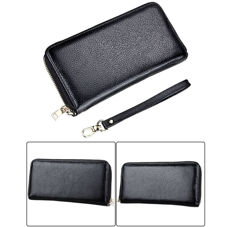 Porta carte di credito stile lungo con cerniera in vera pelle di vacchetta con texture litchi Porta carte di credito con blocco RFID Custodia protettiva con cinturino da polso per donna, Dimensioni: 20 * 10,5 * 3 cm