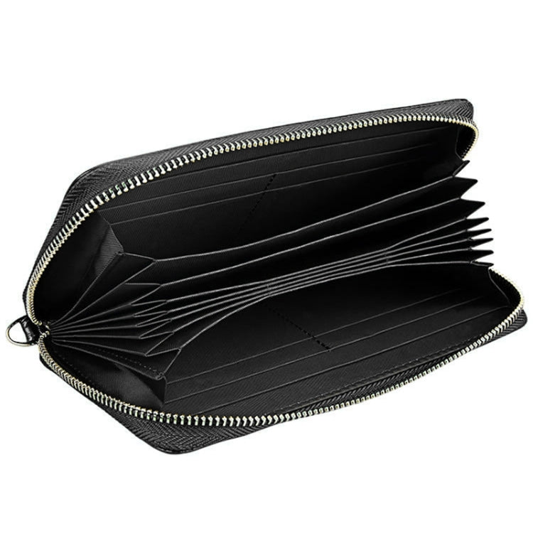Porta carte di credito stile lungo con cerniera in vera pelle di vacchetta con texture litchi Porta carte di credito con blocco RFID Custodia protettiva con cinturino da polso per donna, Dimensioni: 20 * 10,5 * 3 cm