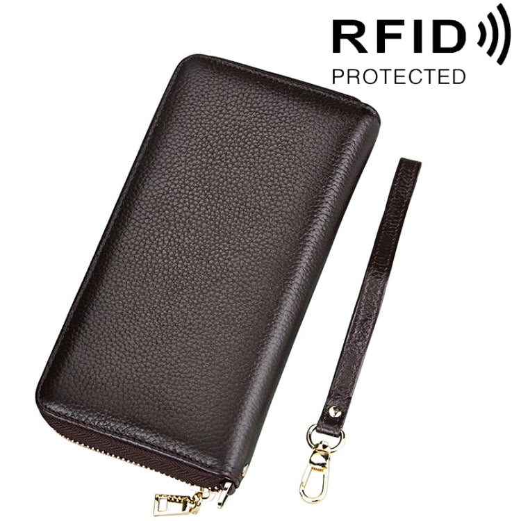 Porta carte di credito stile lungo con cerniera in vera pelle di vacchetta con texture litchi Porta carte di credito con blocco RFID Custodia protettiva con cinturino da polso per donna, Dimensioni: 20 * 10,5 * 3 cm