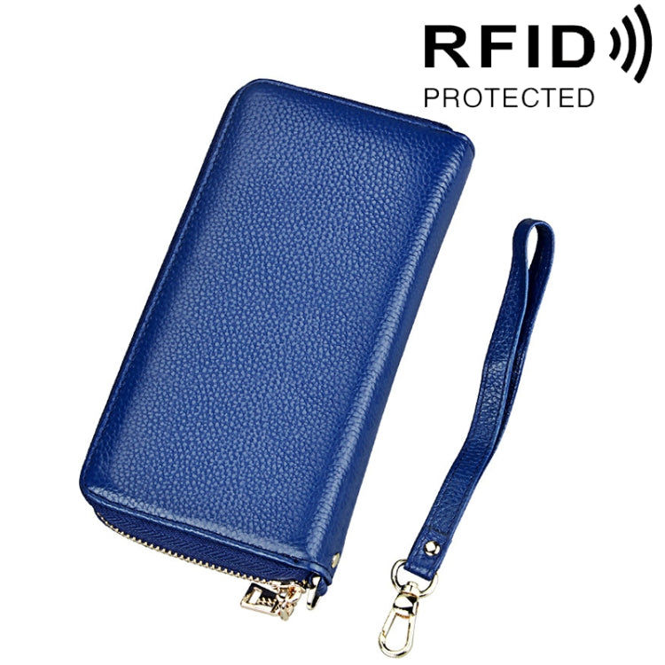 Porta carte di credito stile lungo con cerniera in vera pelle di vacchetta con texture litchi Porta carte di credito con blocco RFID Custodia protettiva con cinturino da polso per donna, Dimensioni: 20 * 10,5 * 3 cm