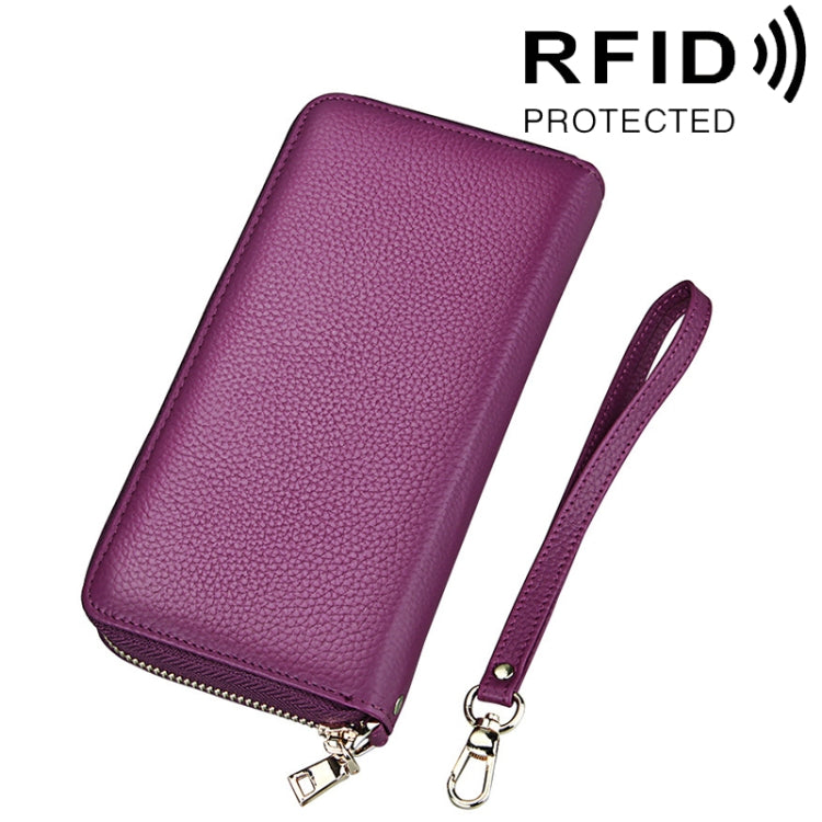 Porta carte di credito stile lungo con cerniera in vera pelle di vacchetta con texture litchi Porta carte di credito con blocco RFID Custodia protettiva con cinturino da polso per donna, Dimensioni: 20 * 10,5 * 3 cm