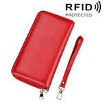 Porta carte di credito stile lungo con cerniera in vera pelle di vacchetta con texture litchi Porta carte di credito con blocco RFID Custodia protettiva con cinturino da polso per donna, Dimensioni: 20 * 10,5 * 3 cm