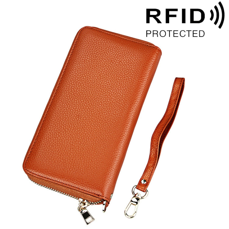 Porta carte di credito stile lungo con cerniera in vera pelle di vacchetta con texture litchi Porta carte di credito con blocco RFID Custodia protettiva con cinturino da polso per donna, Dimensioni: 20 * 10,5 * 3 cm