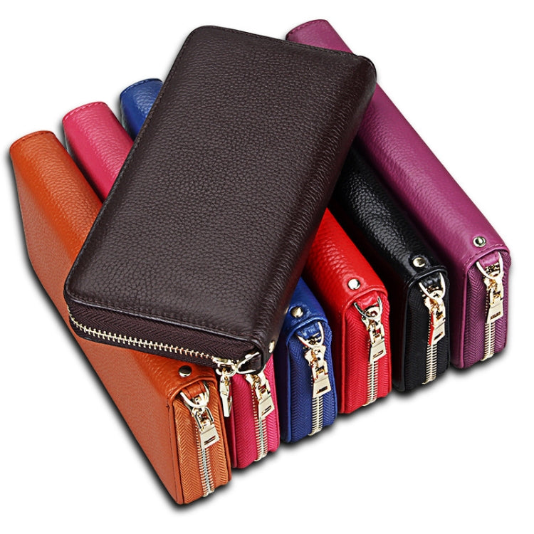 Porta carte di credito stile lungo con cerniera in vera pelle di vacchetta con texture litchi Porta carte di credito con blocco RFID Custodia protettiva con cinturino da polso per donna, Dimensioni: 20 * 10,5 * 3 cm