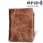 Vera pelle di vacchetta Crazy Horse Texture Cerniera 3 pieghe Porta carte di credito stile corto Porta carte di credito Porta carte con blocco RFID Custodia protettiva per uomo, Dimensioni: 12 * 9,5 * 4 cm(Tronpa), 3585